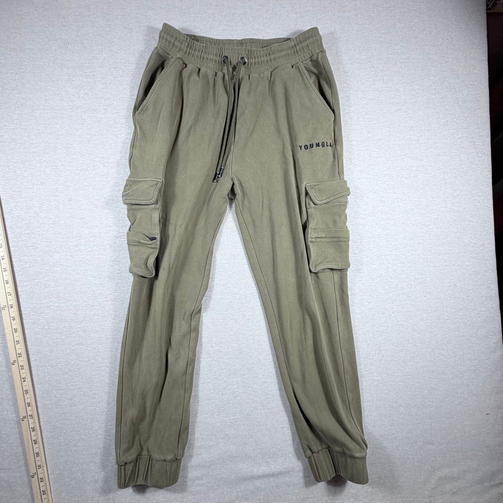 YoungLA Mens Olive Green Cargo Joggers Sweatpants Large Embroidered Logo Gym